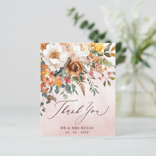 Rustic Orange Floral Fall Wedding Thank You Card (スタンド正面)