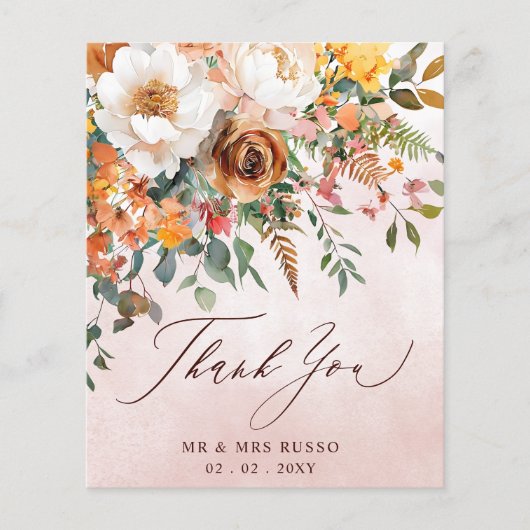 Rustic Orange Floral Fall Wedding Thank You Card (正面)