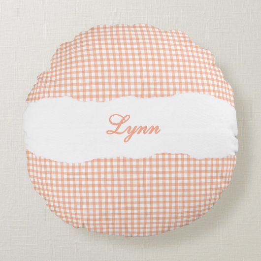 Rustic Orange Gingham Personalized Name ラウンドクッション (正面)