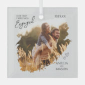 Rustic Our First Christmas Engaged Photo Christmas ガラスオーナメント (正面)