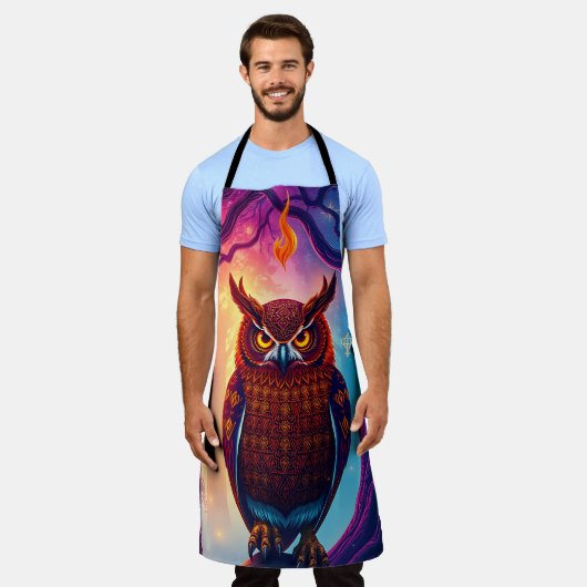 Rustic Owl Art: Earth Tone Woodland エプロン (着用した状態)