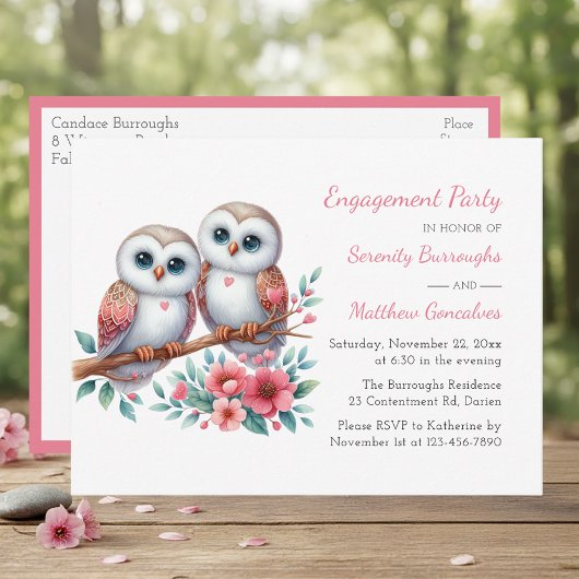 Rustic Owl Couple Boho Country Engagement Party インビテーションポストカード
