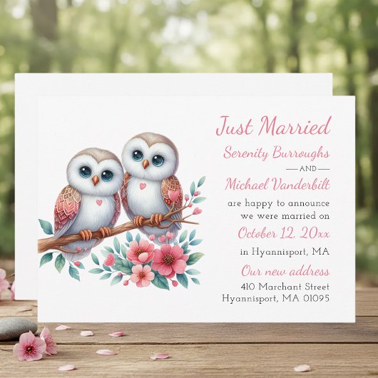 Rustic Owl Couple Boho Just Married Wedding 案内状