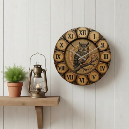 Rustic Owl Wall Clock | Wood-Look Cabin Decor ラージ壁時計