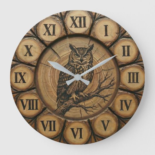 Rustic Owl Wall Clock | Wood-Look Cabin Decor ラージ壁時計 (正面)