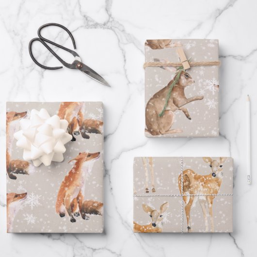 Rustic Oyster Gray Elegant Snowy Winter Animals ラッピングペーパーシート (正面)