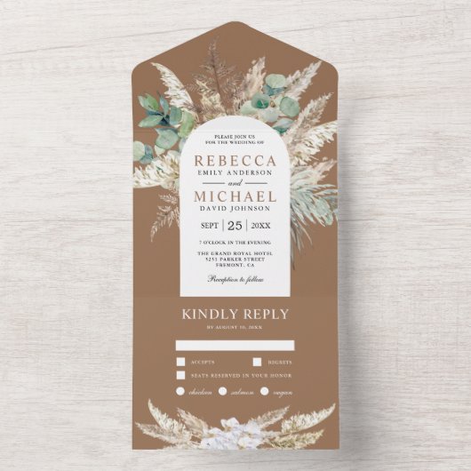 Rustic Pampas Eucalyptus Arch Beige Tan Wedding オールインワン招待状 (内側)