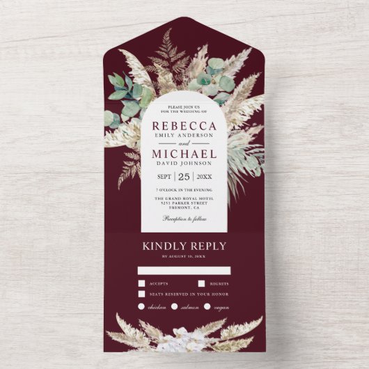 Rustic Pampas Eucalyptus Arch Burgundy Wedding オールインワン招待状 (内側)
