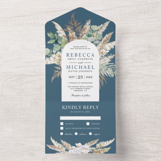 Rustic Pampas Eucalyptus Arch Dusty Blue Wedding オールインワン招待状 (内側)