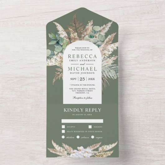 Rustic Pampas Eucalyptus Arch Sage Green Wedding オールインワン招待状 (内側)