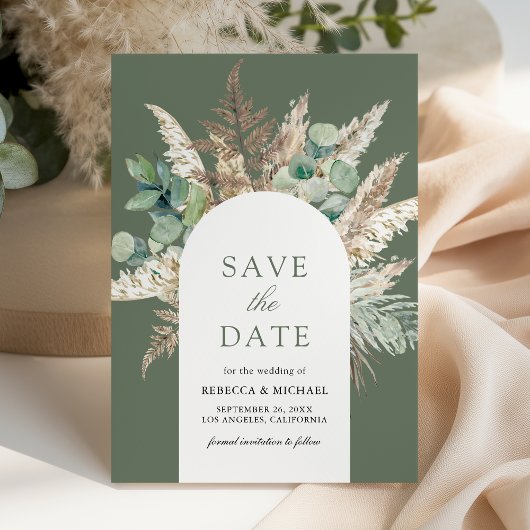 Rustic Pampas Eucalyptus Arch Sage Green Wedding セーブザデート