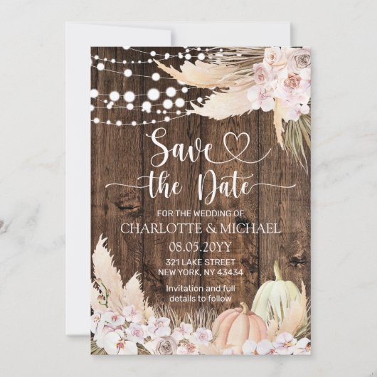 Rustic Pampas Grass Save the Date Wedding 招待状 (正面)