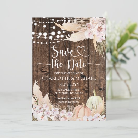 Rustic Pampas Grass Save the Date Wedding 招待状 (スタンド正面)