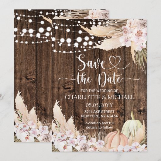 Rustic Pampas Grass Save the Date Wedding 招待状 (正面/裏面)
