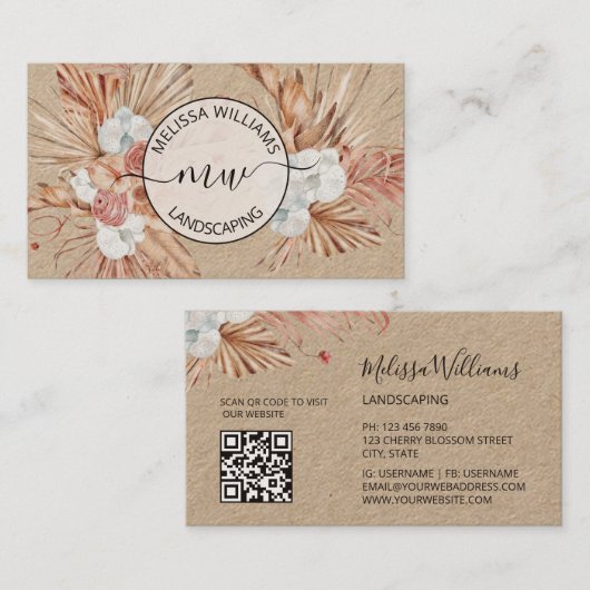 Rustic Pampas Grass Watercolor Boho Logo 名刺 (正面/裏面)