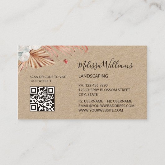 Rustic Pampas Grass Watercolor Boho Logo 名刺 (裏面)