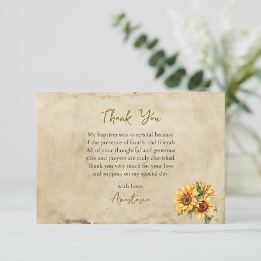 Rustic Parchment Sunflowers Orthodox Baptism サンキューカード (スタンド正面)
