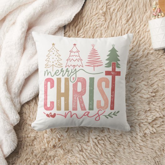 Rustic Pastel Merry Christ mas Tree クッション (ブランケット)
