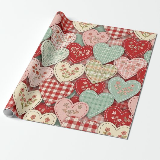 Rustic Patchwork Hearts Picnic Pattern (3) ラッピングペーパー (アンロールド)