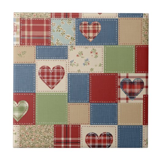 Rustic Patchwork Hearts Picnic Pattern (4) タイル (正面)