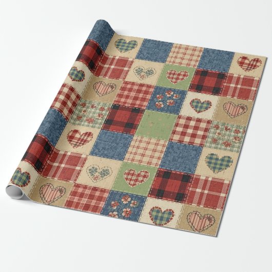 Rustic Patchwork Hearts Picnic Pattern (5) ラッピングペーパー (アンロールド)