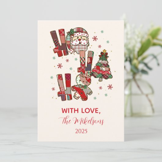 Rustic Patchwork Ho Ho Ho Christmas シーズンカード (スタンド正面)