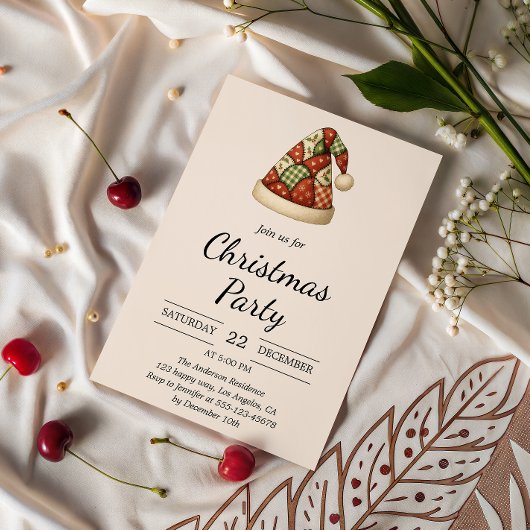 Rustic Patchwork Santa Hat Christmas Party  招待状