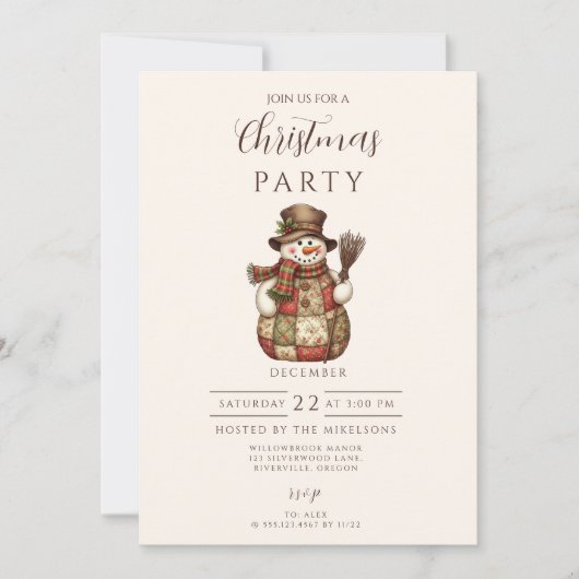 Rustic Patchwork Snowman Christmas 招待状 (正面)