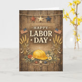 Rustic Patriotic Barnwood Happy Labor Day カード (黄色い花)