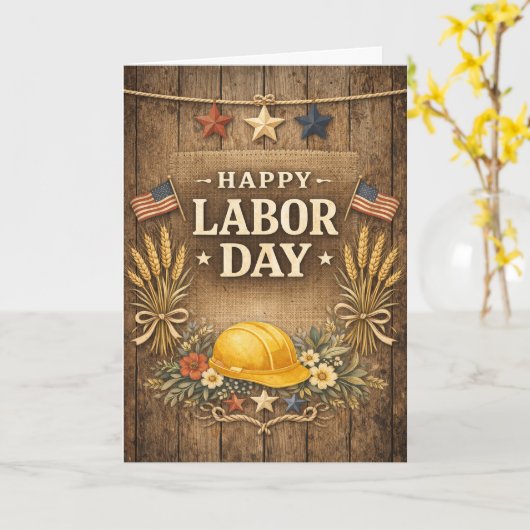 Rustic Patriotic Barnwood Happy Labor Day カード (黄色い花)