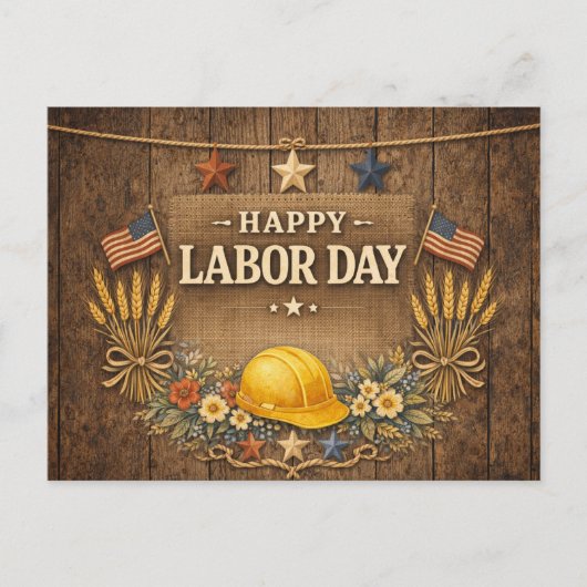 Rustic Patriotic Barnwood Happy Labor Day シーズンポストカード (正面)