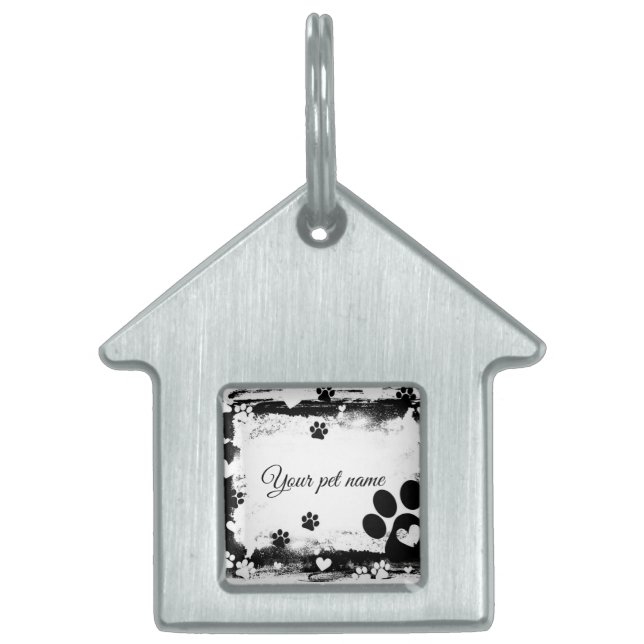 Rustic Paw Print Frame Personalized House-Shaped P ペットネームタグ (正面)