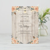 Rustic Peach Floral String Light Wedding 招待状 (スタンド正面)