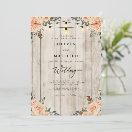 Rustic Peach Floral String Light Wedding 招待状 (スタンド正面)