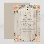 Rustic Peach Floral String Light Wedding 招待状 (正面/裏面)