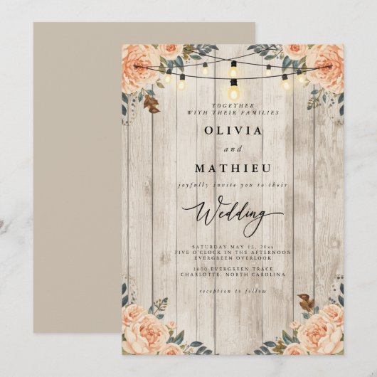 Rustic Peach Floral String Light Wedding 招待状 (正面/裏面)
