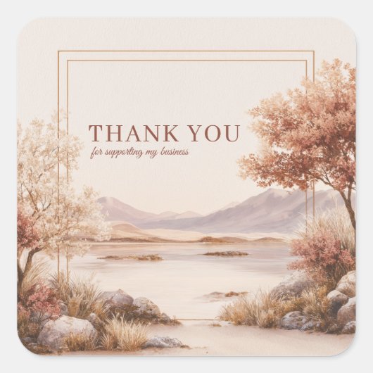 Rustic Peach Landscape Lake Gold Frame Watercolor スクエアシール (正面)