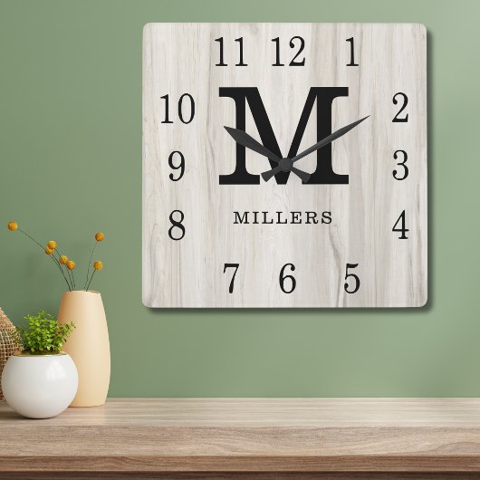 Rustic Personalized Wood Farmhouse Monogram Name   スクエア壁時計