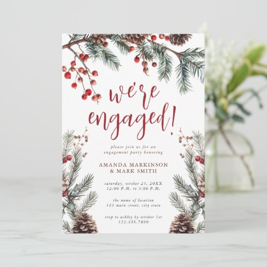 Rustic Pine & Berry Winter Engagement Party 招待状 (スタンド正面)