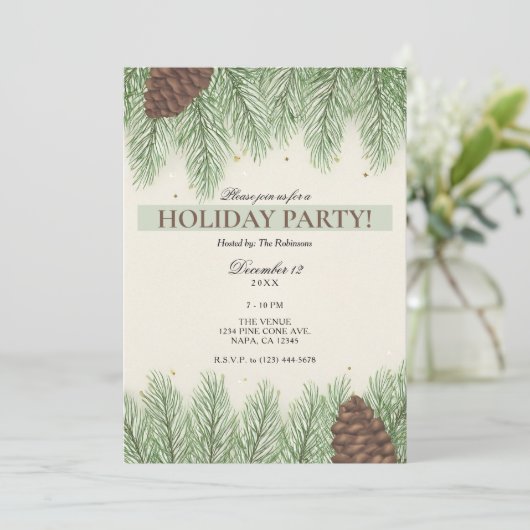 Rustic Pine Cones & Fir Christmas Holiday Party 招待状 (スタンド正面)