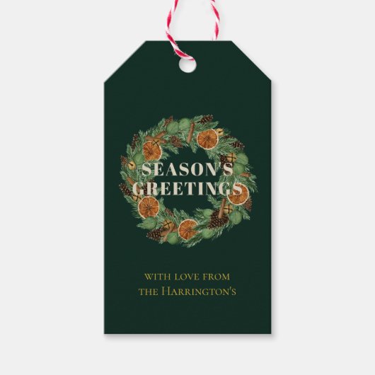 Rustic Pine Dried Orange Wreath Green Holiday ギフトタグ (正面)