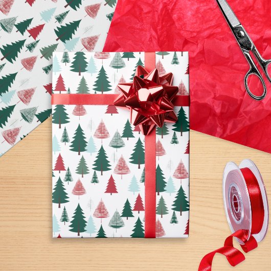 Rustic Pine Forest Scandi Christmas Trees Pattern ラッピングペーパー