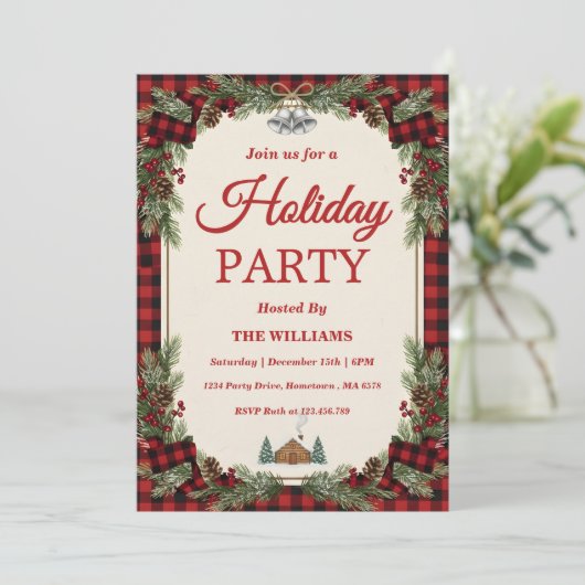 Rustic Pine & Plaid Holiday Party 招待状 (スタンド正面)