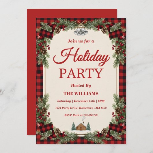 Rustic Pine & Plaid Holiday Party 招待状 (正面/裏面)