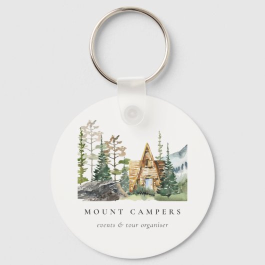 Rustic Pine Woods Watercolor Camping Mountain Camp キーホルダー (正面)
