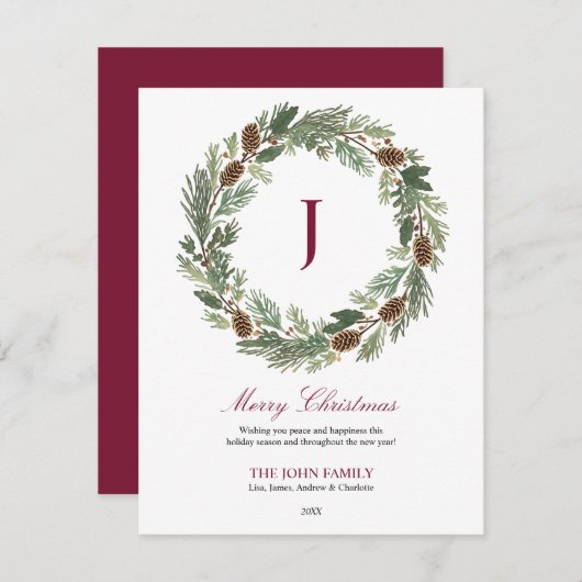 Rustic Pine Wreath Christmas シーズンカード (正面/裏面)