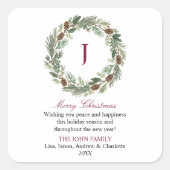 Rustic Pine Wreath Christmas スクエアシール (正面)