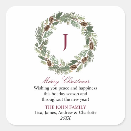 Rustic Pine Wreath Christmas スクエアシール (正面)