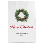 Rustic pine wreath Christmas gift bag custom ミディアムペーパーバッグ (正面)