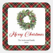 Rustic Pine Wreath Christmas Stickers Personalized スクエアシール (正面)